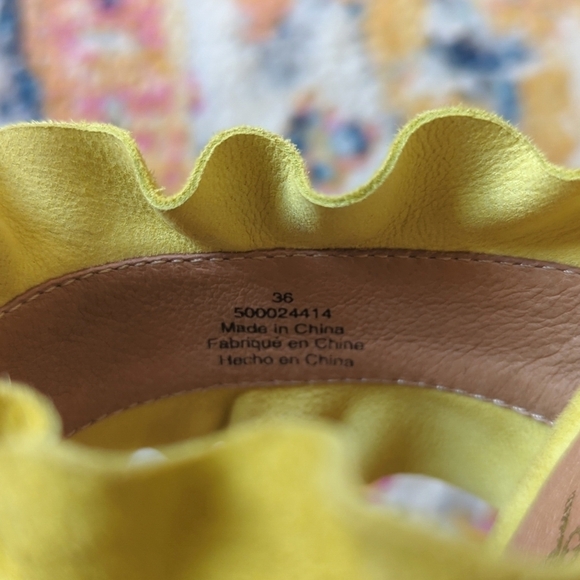 Free People Rosie Ruffled Suede Leather Open Toe Heeled Sandals Chartreuse 36 - Picture 13 of 16